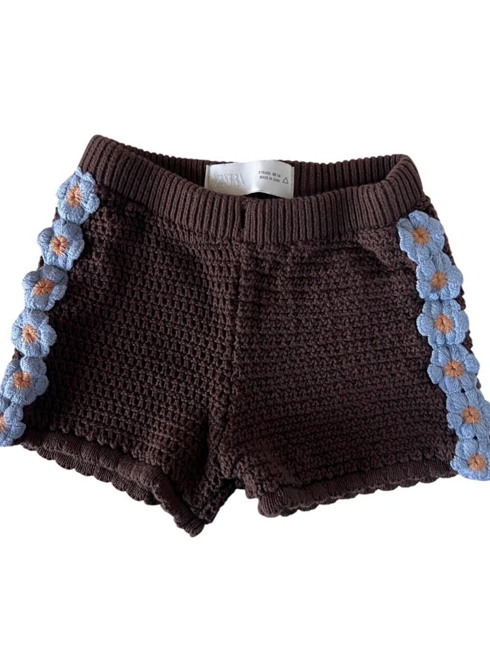Zara Brown Crochet Shorts with Blue Flower Trim